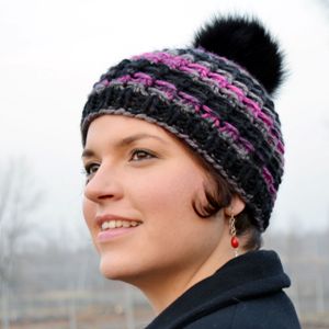 Product preview: Hand knitted hat grey-pink stripes, bamboo pattern